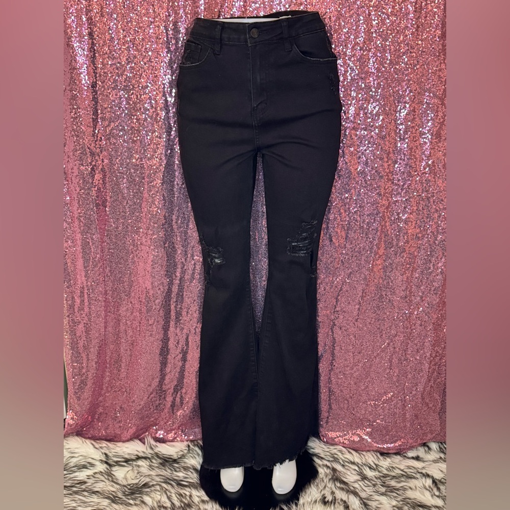 KanCan Kurvy Distressed Ultra High Rise Black Flare Jeans 34” inseam
